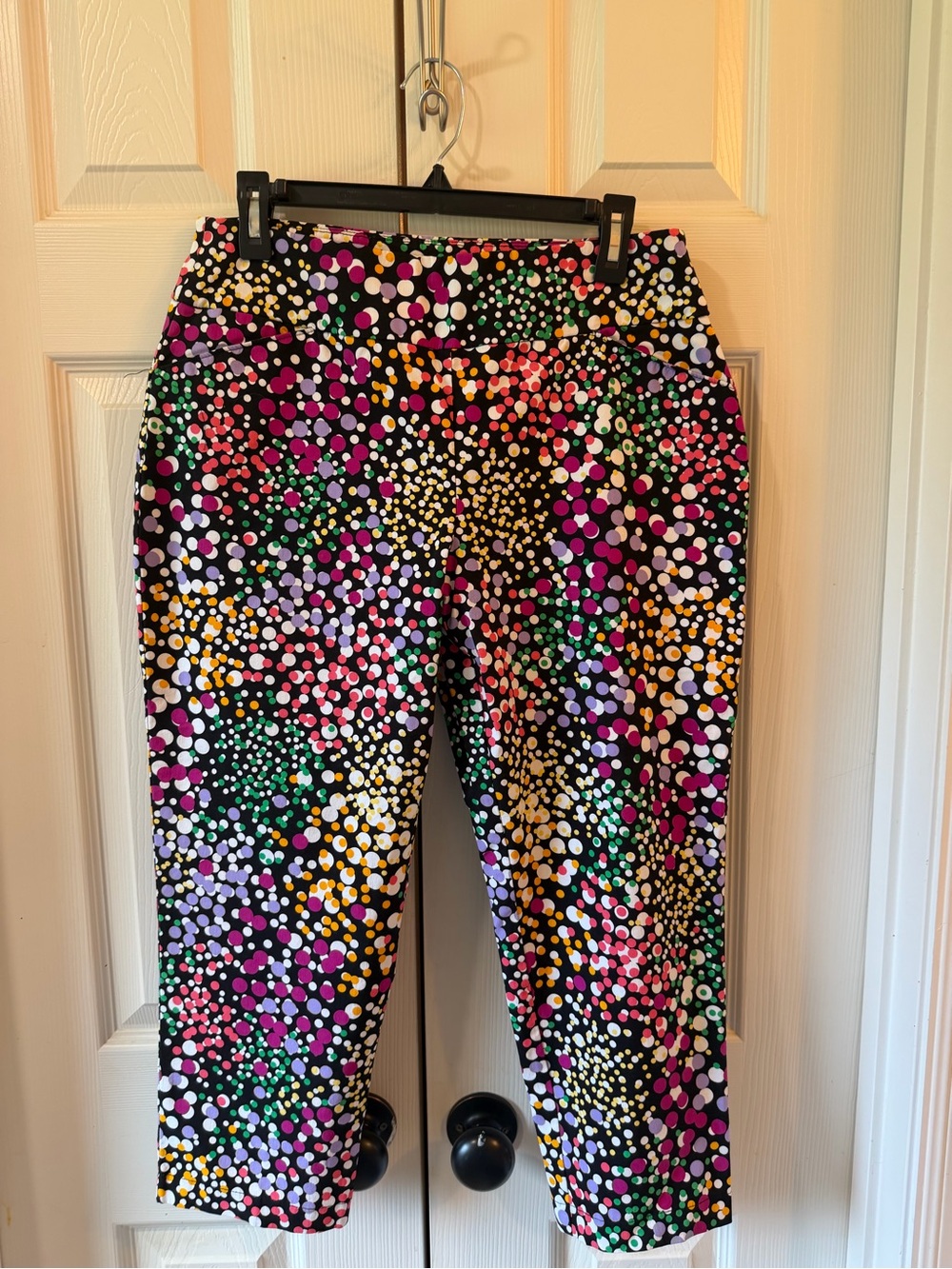 Versona Black Capri Dress Pants with Bright Multicolor Dot Print